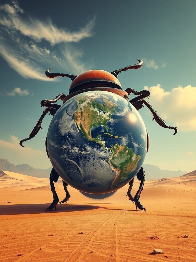 Giant Beetle Rolls Earth Through Desert, Epic Hyperrealism