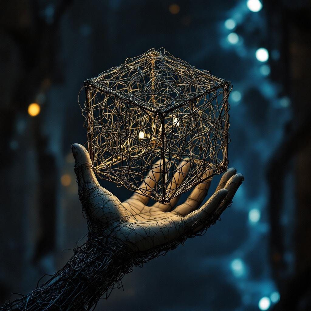 Wire Hand Sculpture Holding Intricate Cube