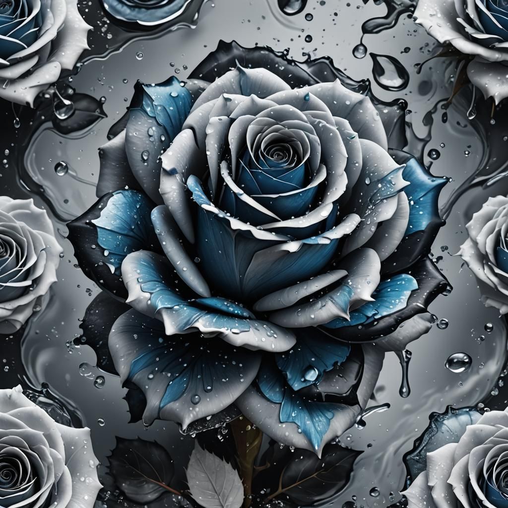 Monochrome Sugar Rose in Water, Detailed Digital Art