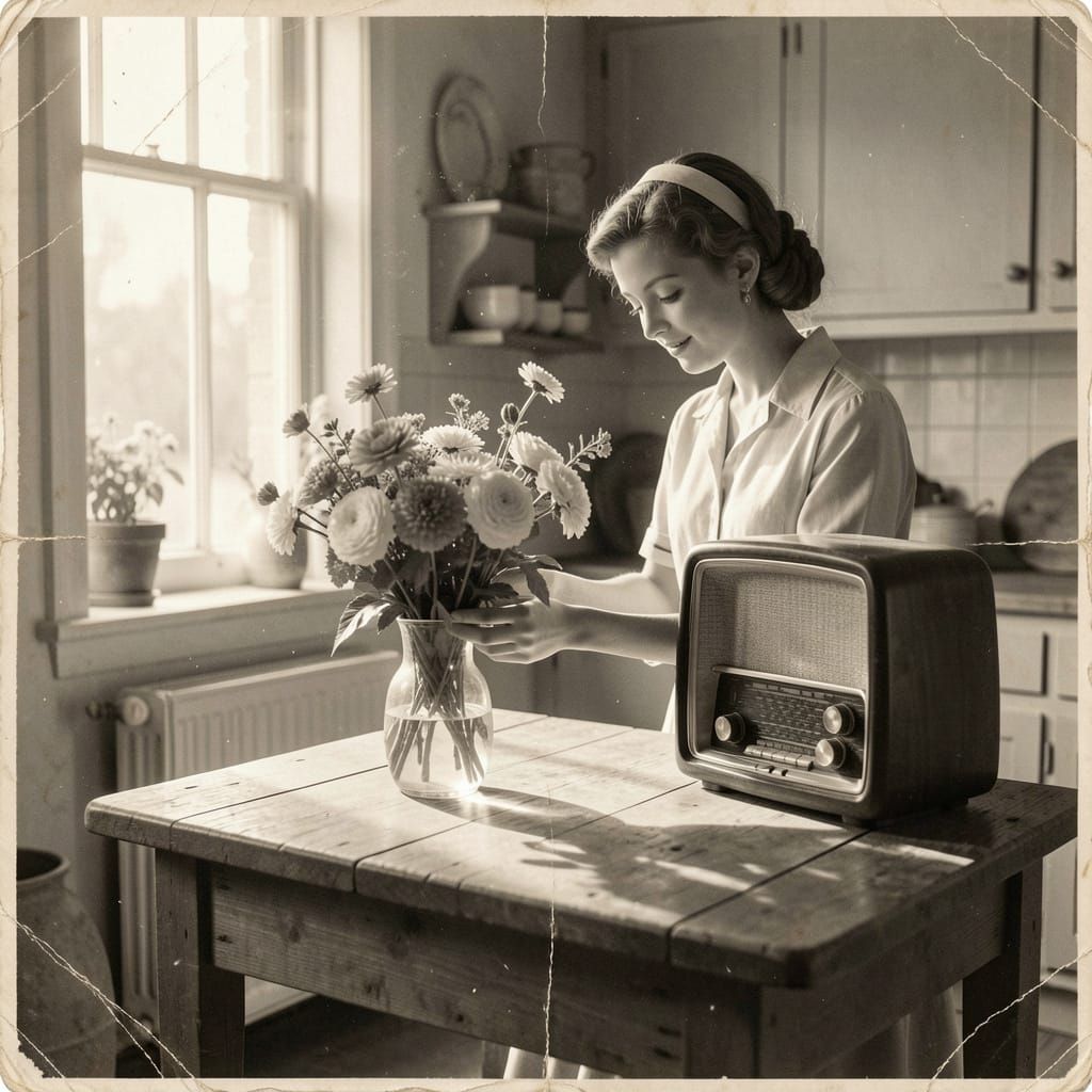 1940s Farmhouse Kitchen Scene With Flowers and Radio
