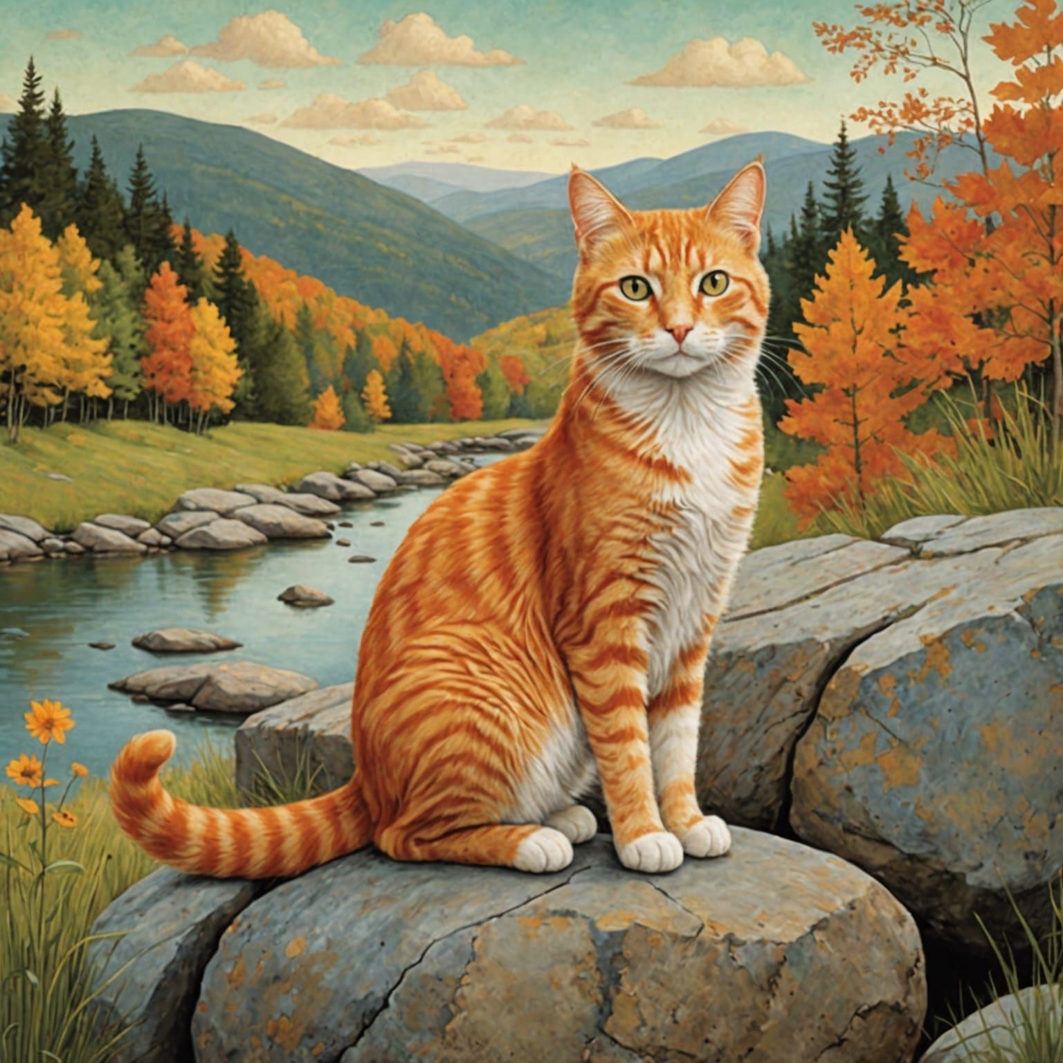 Orange Cat on a Rock, Folk Art Illustration