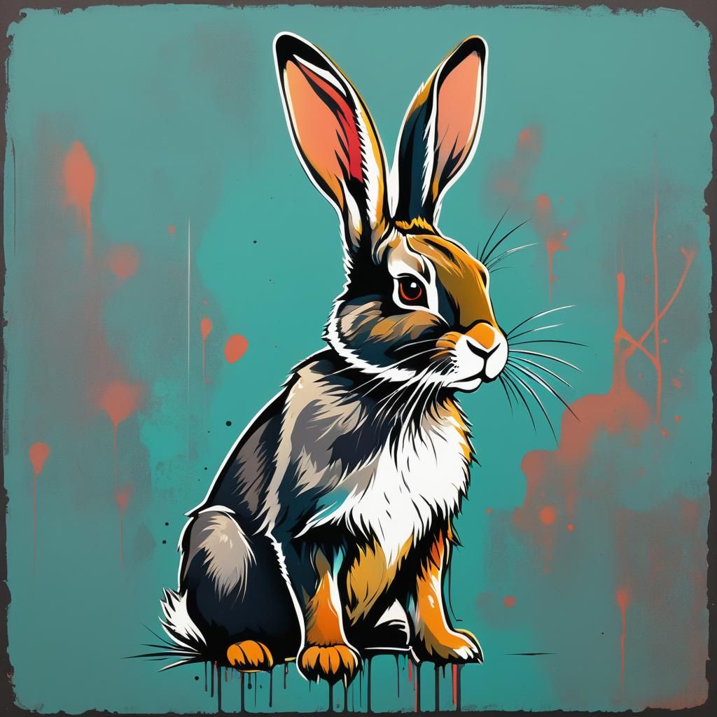 Rabbit Graphic Screen Print with Graffiti Details