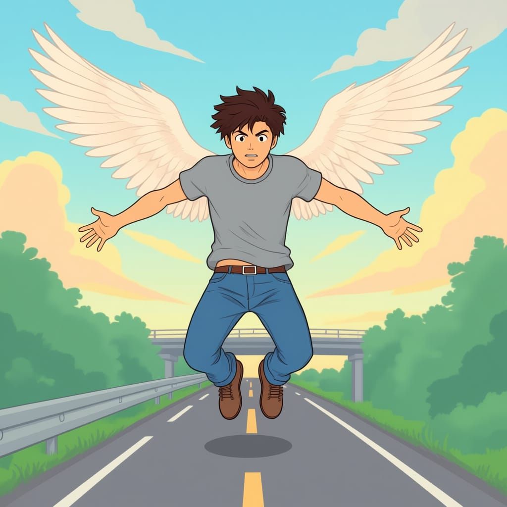 Man Takes Small Leap Above Ground in Manga Style