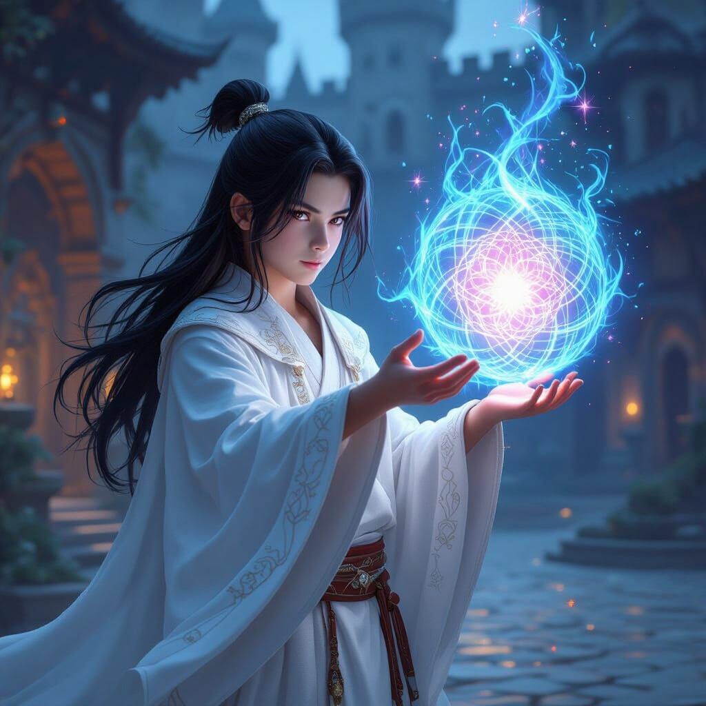 Apprentice Boy Casting Spell in Medieval Castle