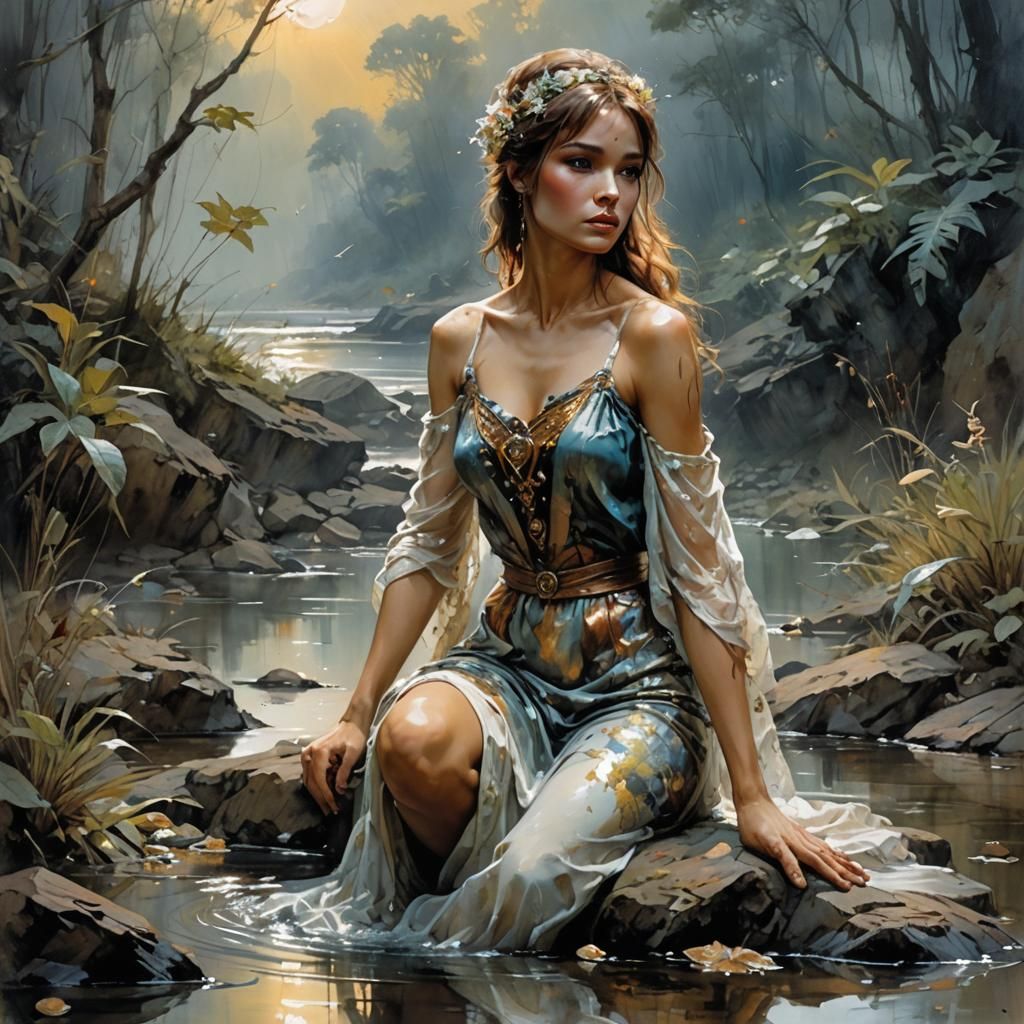 Beautiful Otter on Riverbank in Oil Painting Style