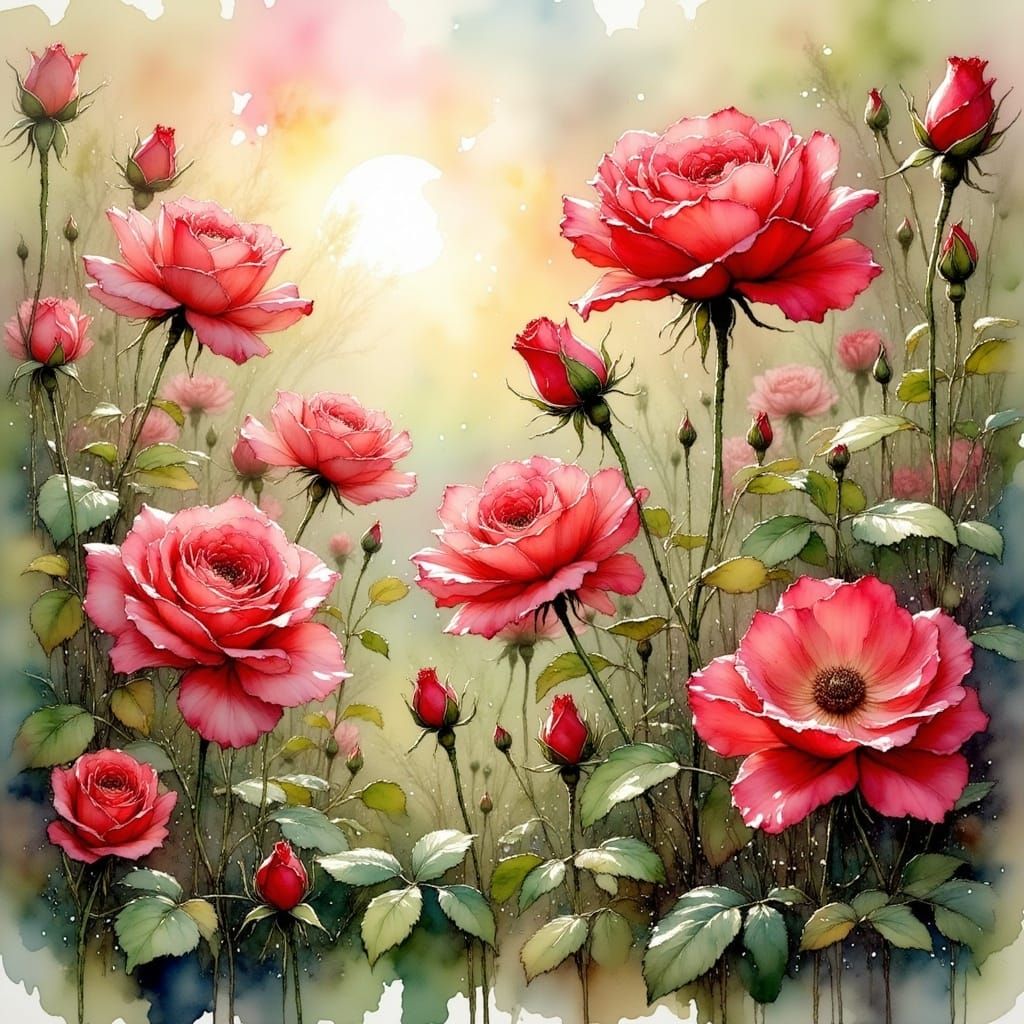 Red Roses in Dewy Garden: Impressionistic Watercolor