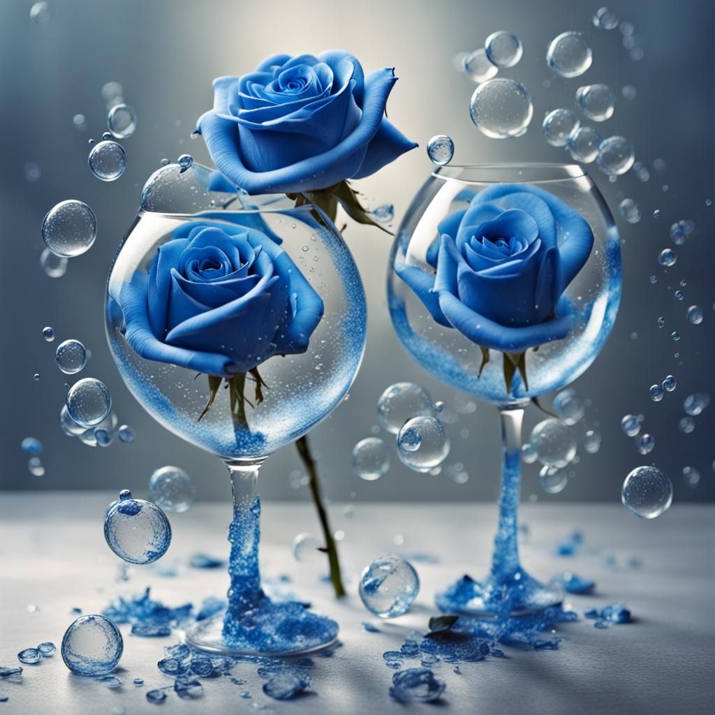Blue Roses in Bubbles with Broken Glass