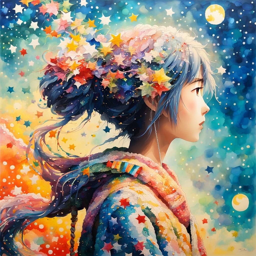 Anime Pixel Art Character with Katana in Abstract Landscape