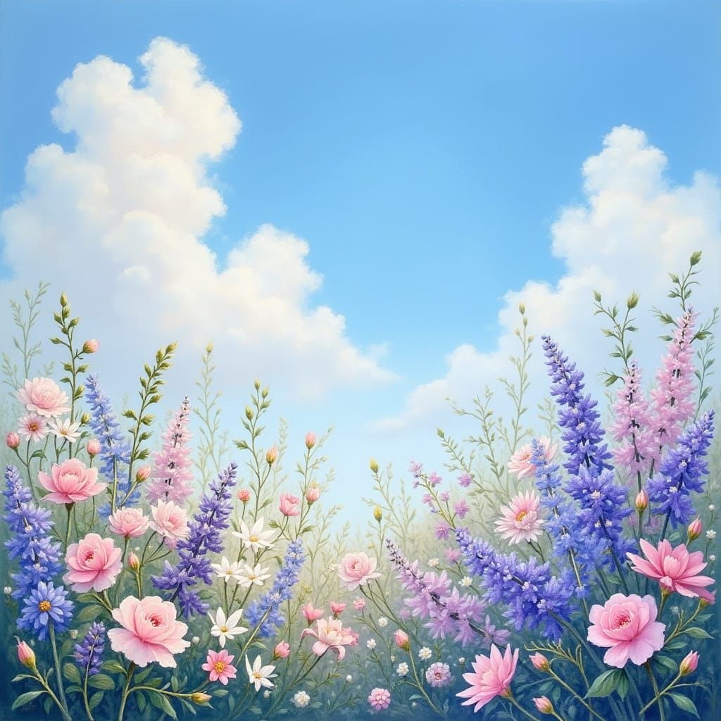 Pastel Paradise Landscape with Delicate Flowers and Soft Lig...