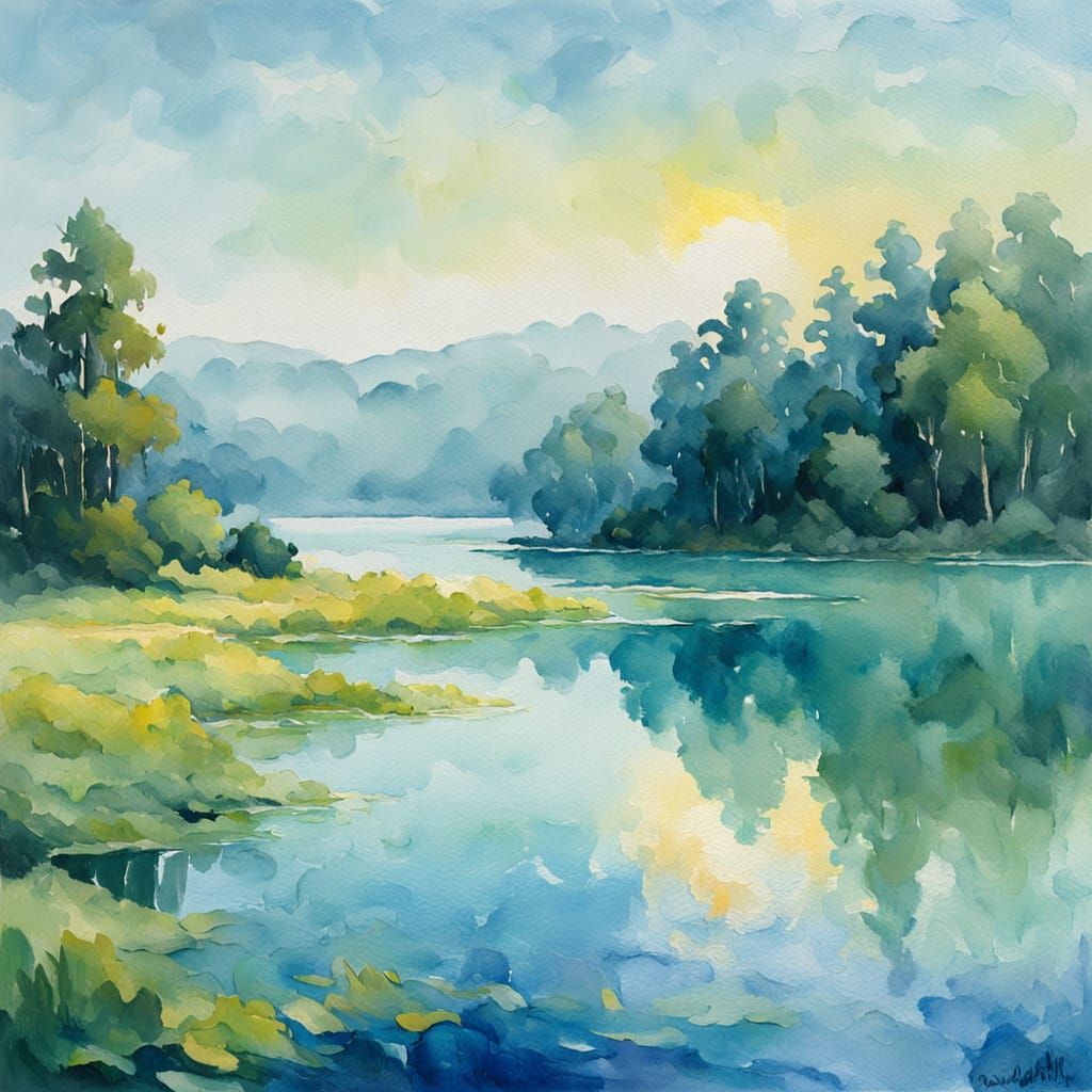 Impressionist Gouache: Morning Mists Over Lake