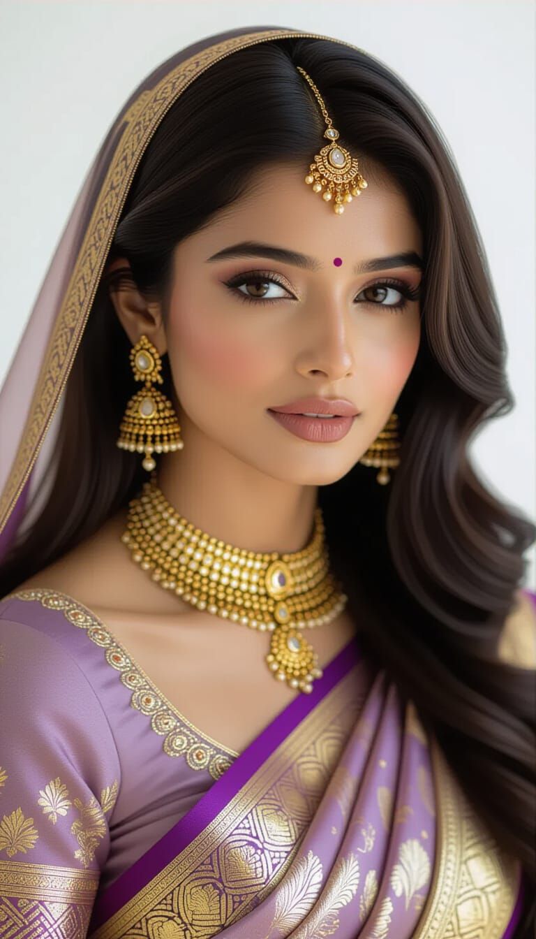 Indian Woman in Gold Banarasi Saree, Cinematic Portrait