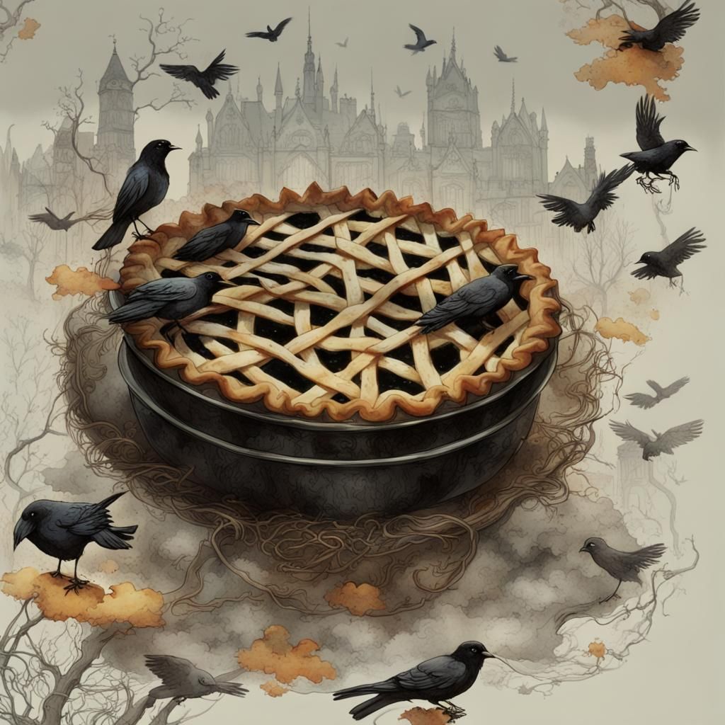 Gothic Horror Pie with Blackbirds: Double Exposure Fantasy
