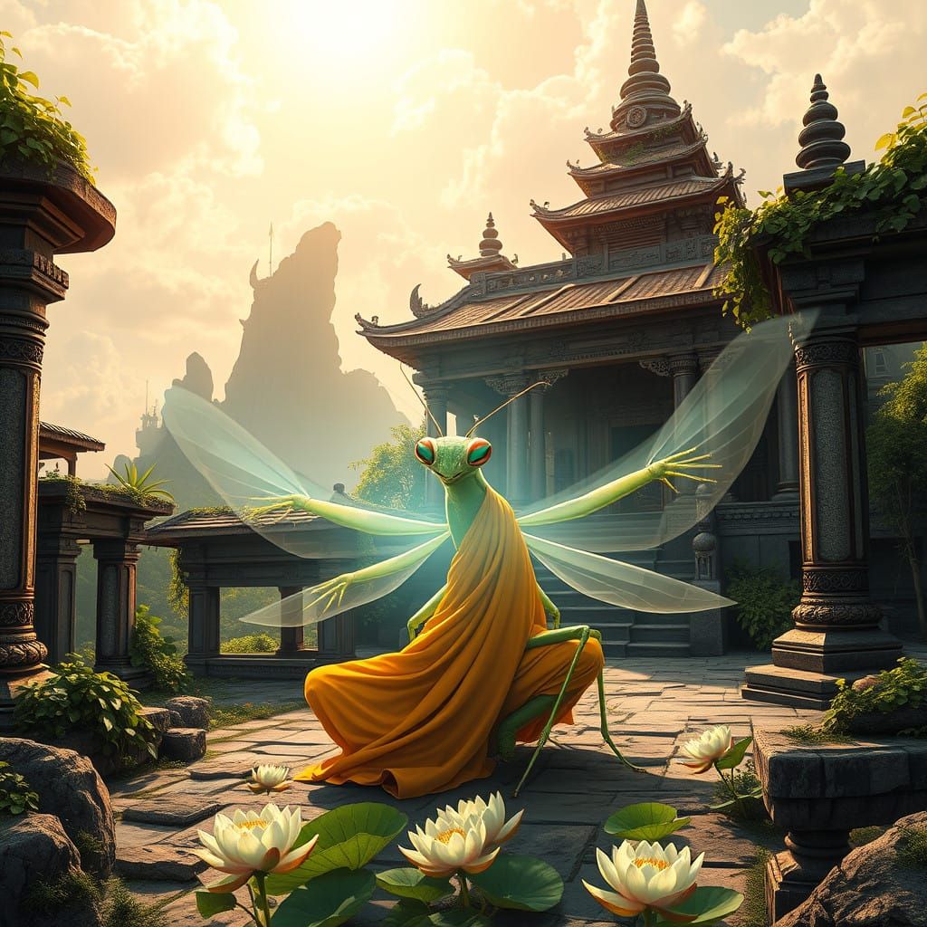 Majestic Praying Mantis in Serene Buddhist Temple