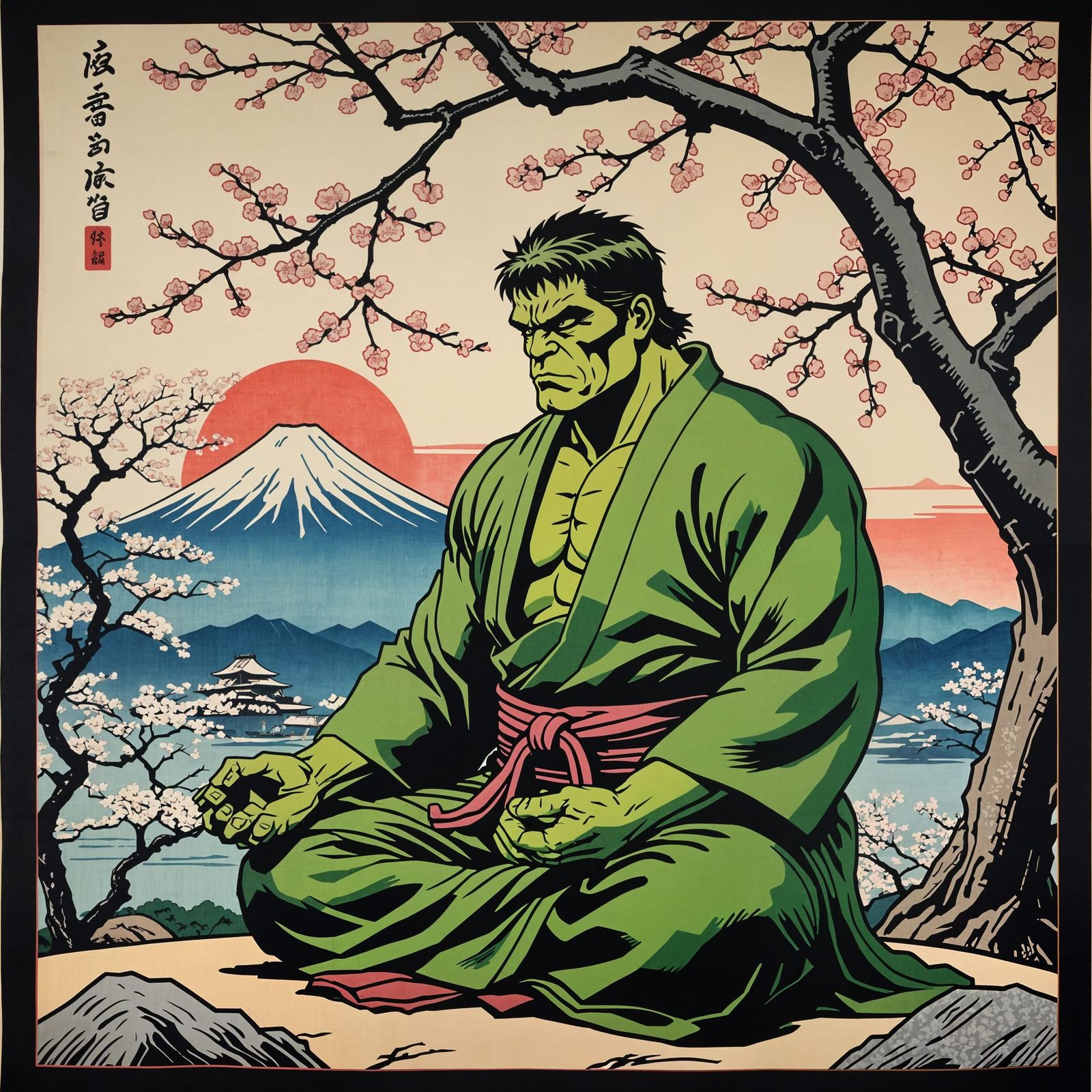 Hulk Meditating Under Cherry Tree in Ukiyo-e Style