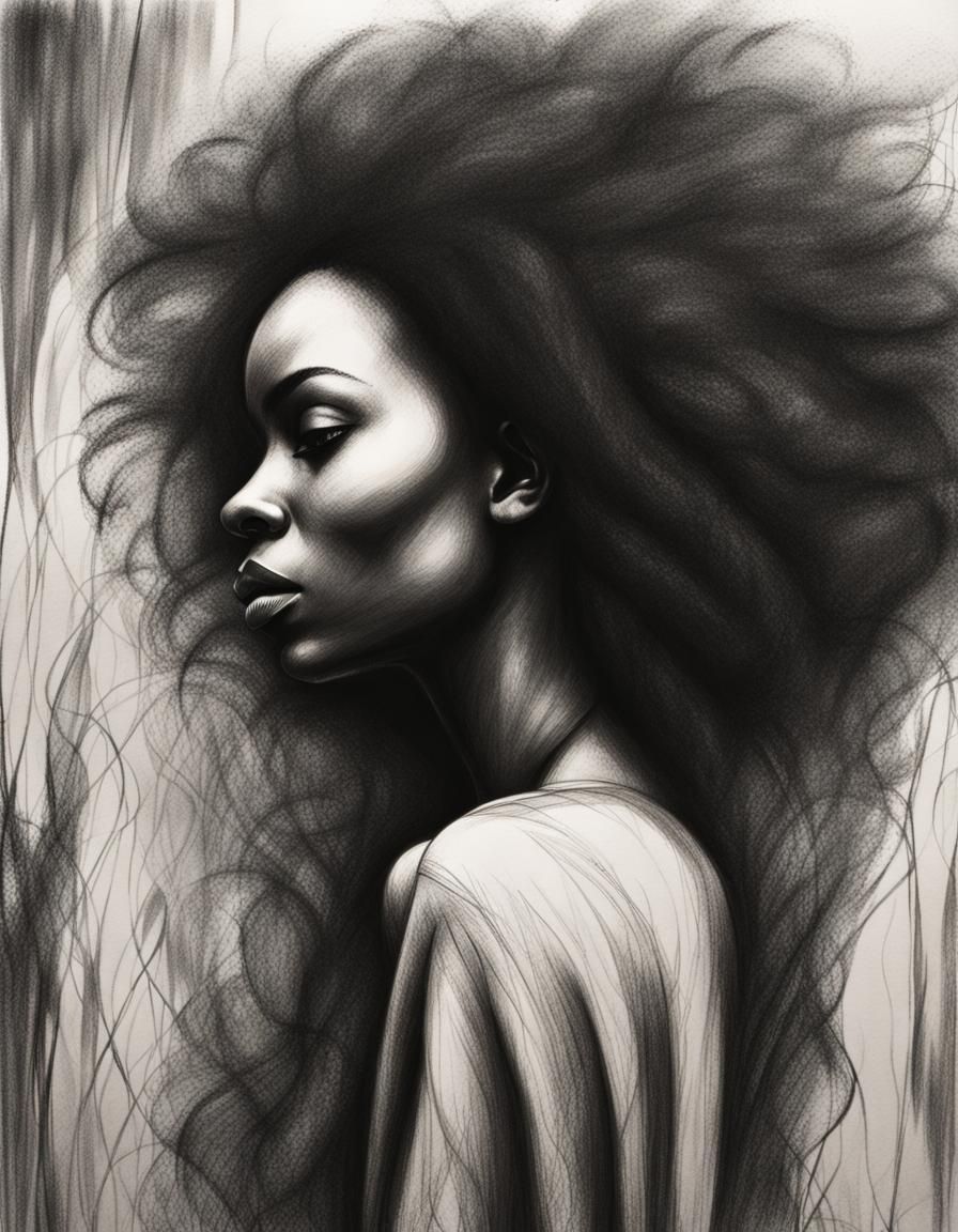 Abstract Charcoal Drawing of Woman with Kinky Hair