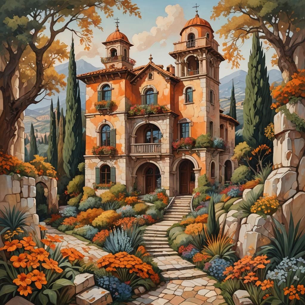 Italianate Villa in Surreal Landscape, Watercolor Style