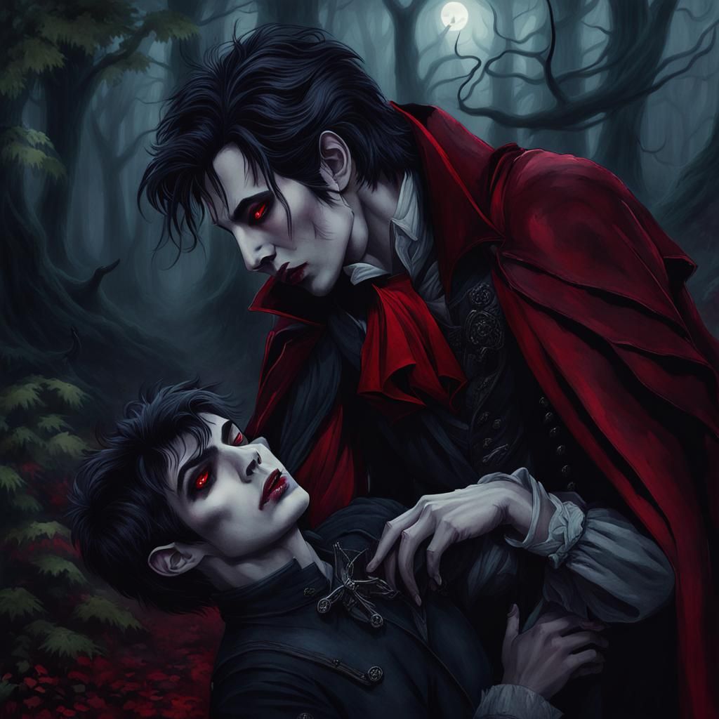 Vampire and Human Boy Embrace in Mystical Forest