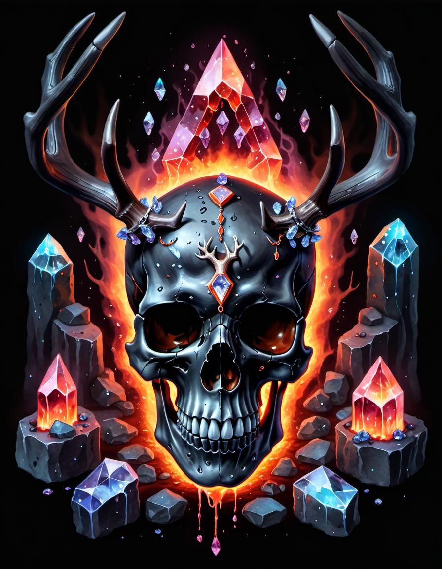 Glowing Skull with Antlers in Watercolour Style