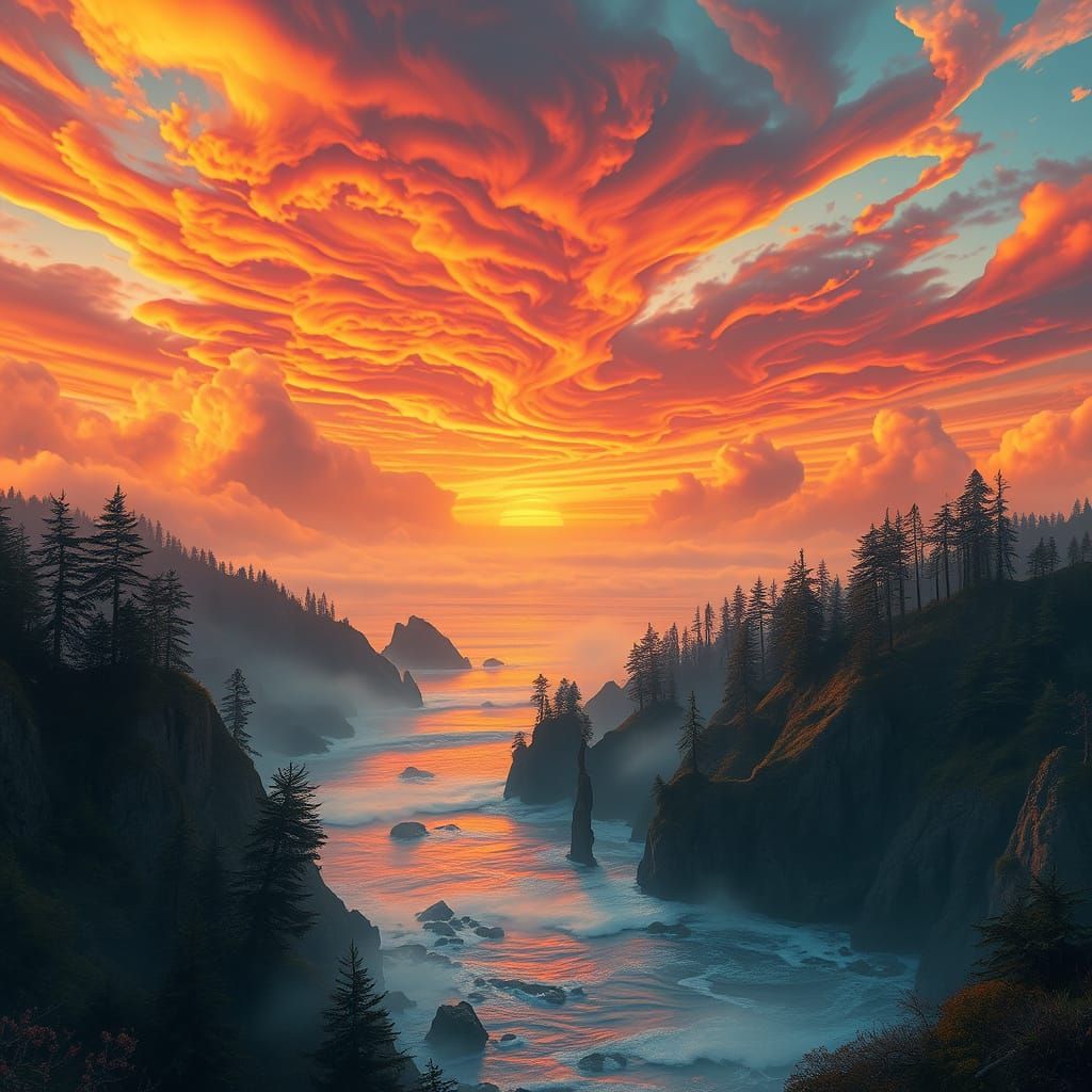 Dreamlike Pacific Coast Landscape with Vibrant Sunset