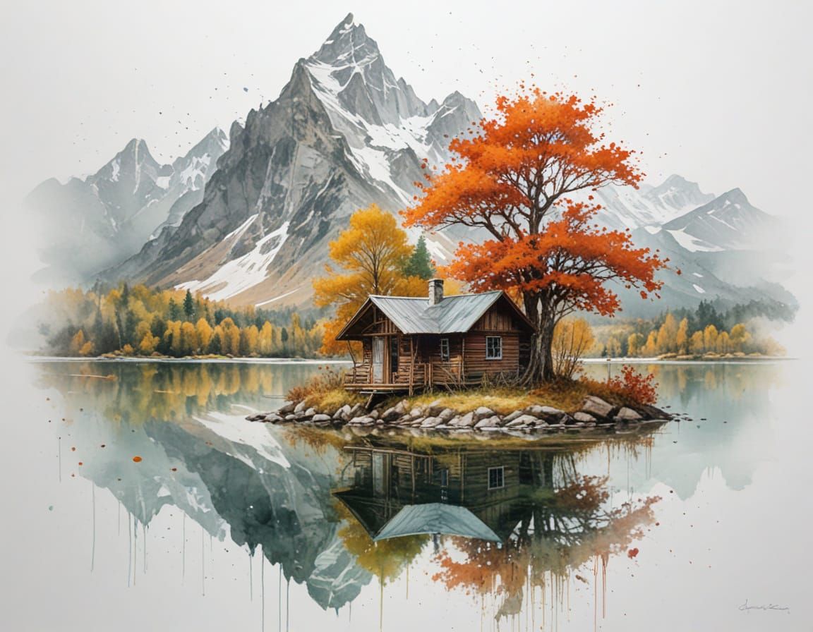 Autumn Tree Overlooking Mountain Lake in Watercolour Style