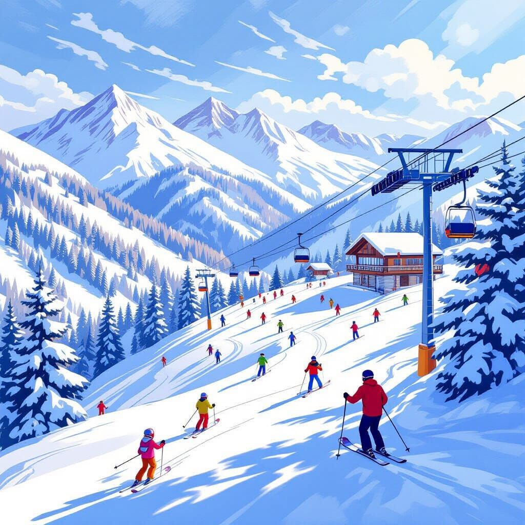 Joyful Ski Hill Scene on a Sunny Winter Day