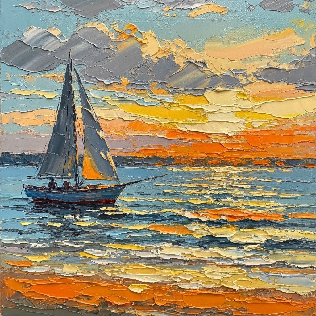 Seascape: Impasto Oil Painting of Sailboat at Sunset