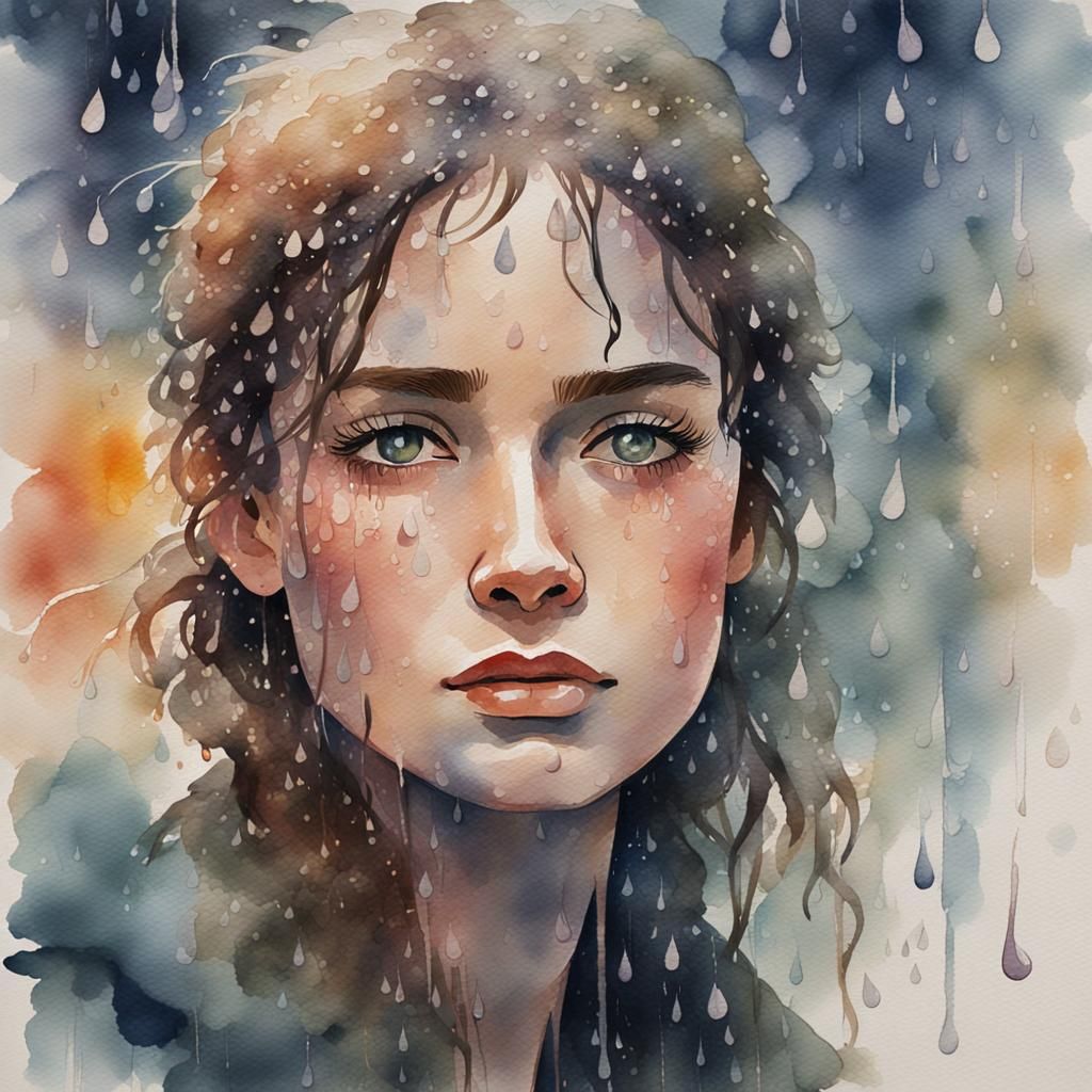 Soft Rain Falls on a Woman's Face in Impressionist Watercolo...