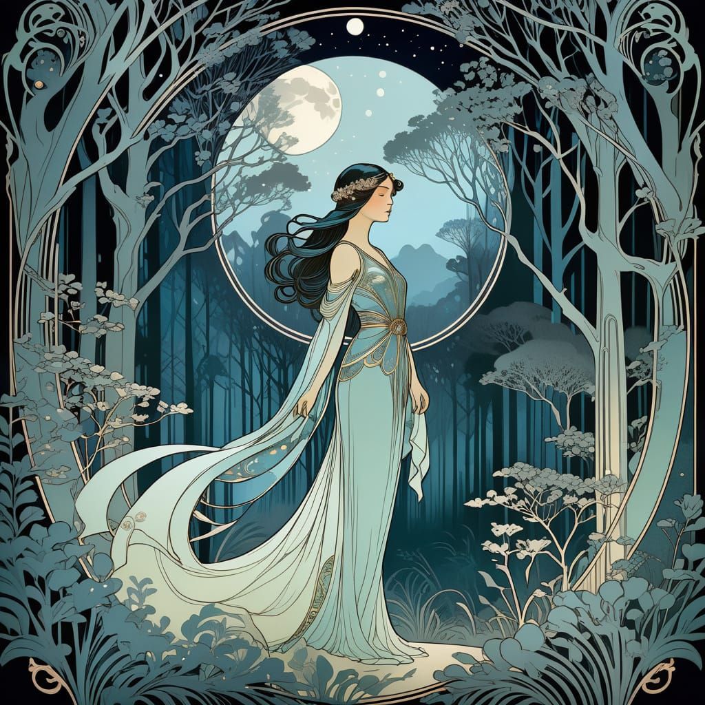 Art Deco Moonlit Forest Illustration in Mucha Style
