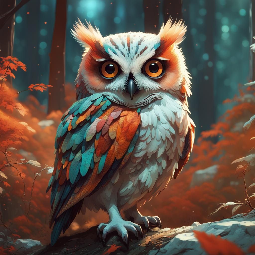 Colorful Baby Owl with Opulent Eyes in Detailed Digital Art