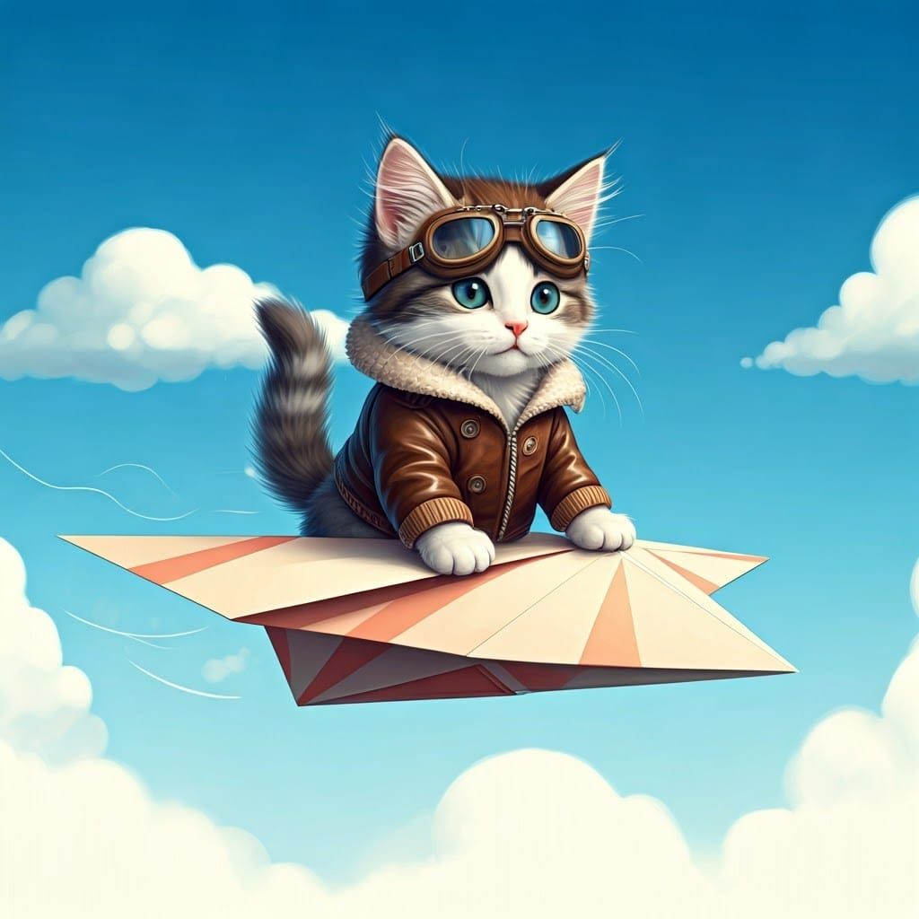 Kitten Aviator Soaring on Paper Airplane