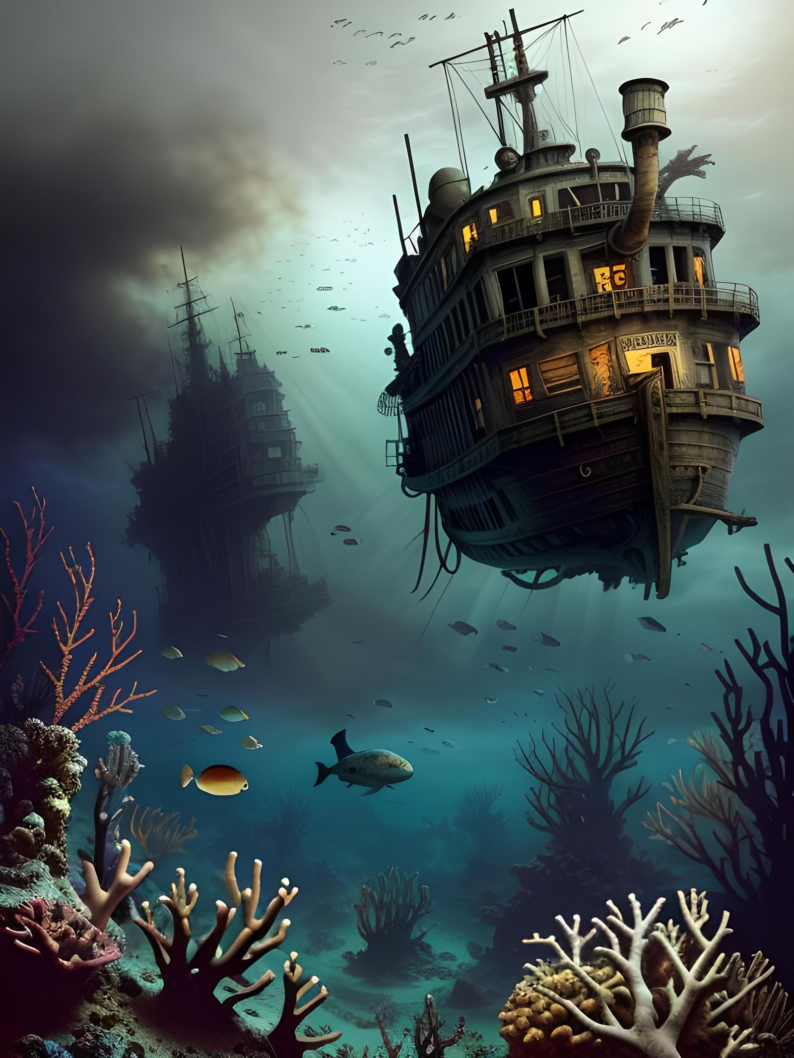 Underwater Steampunk Shipwreck in Post-Apocalyptic Setting