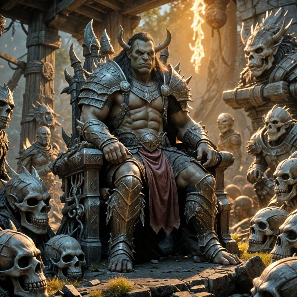 Orc Chieftain on Throne of Bones in Hyperrealistic Fantasy L...