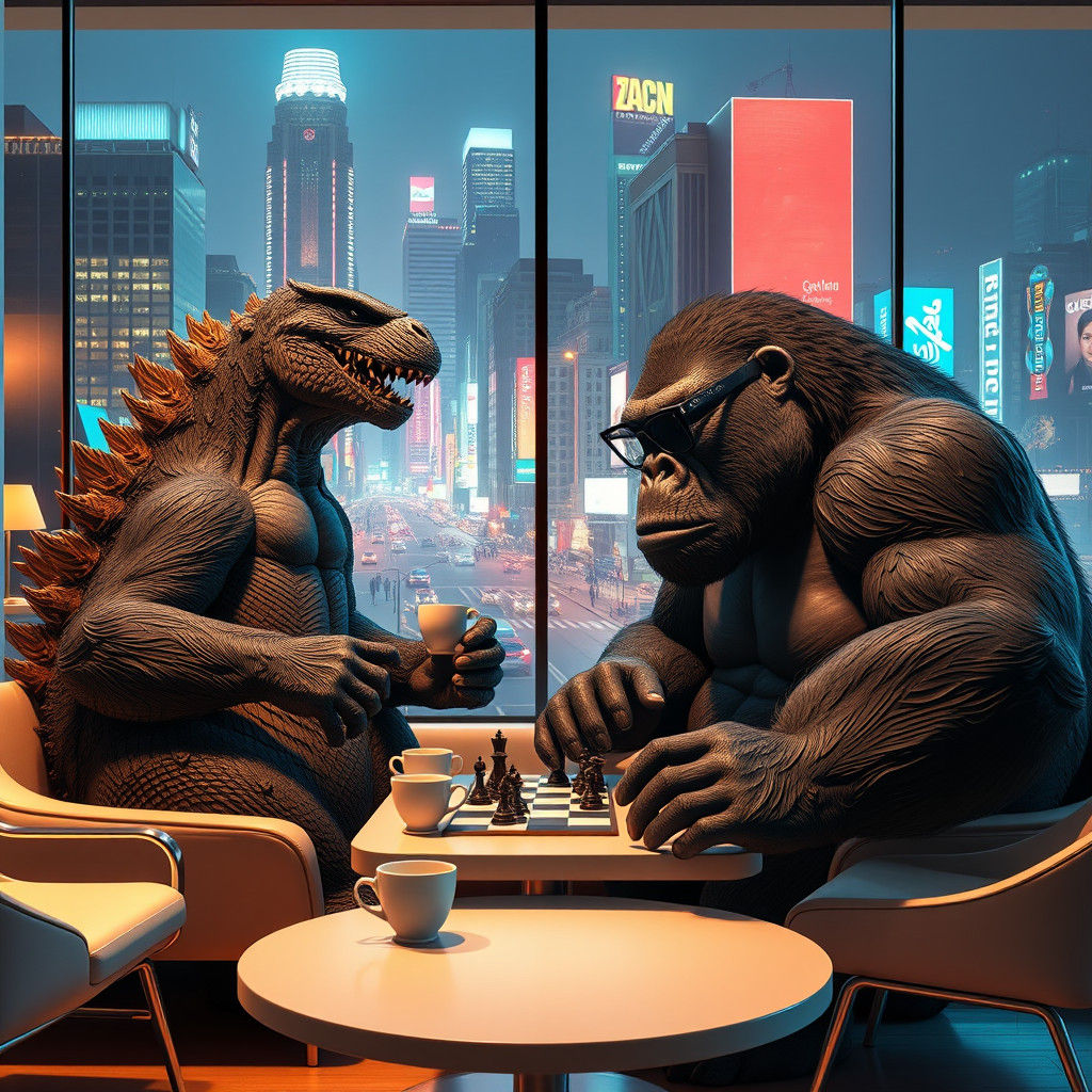Godzilla and King Kong Play Chess in Coffee Shop
