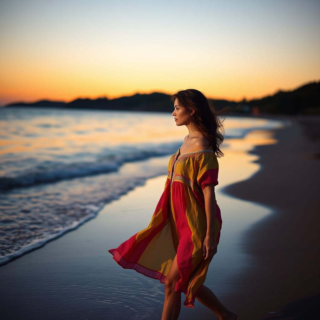 Woman in Vibrant Beach Cover-Up at Serene Sunset