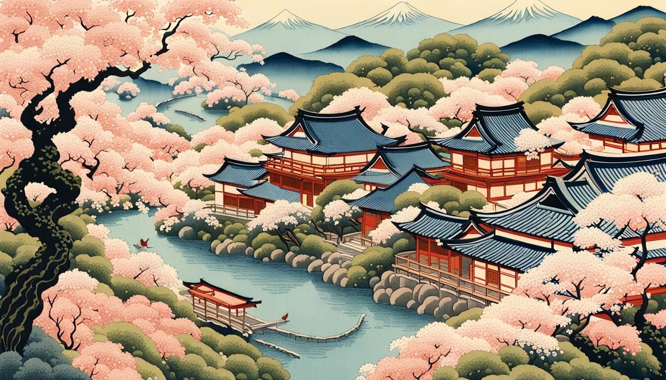 Ukiyo-e Village Scene with Cherry Blossoms