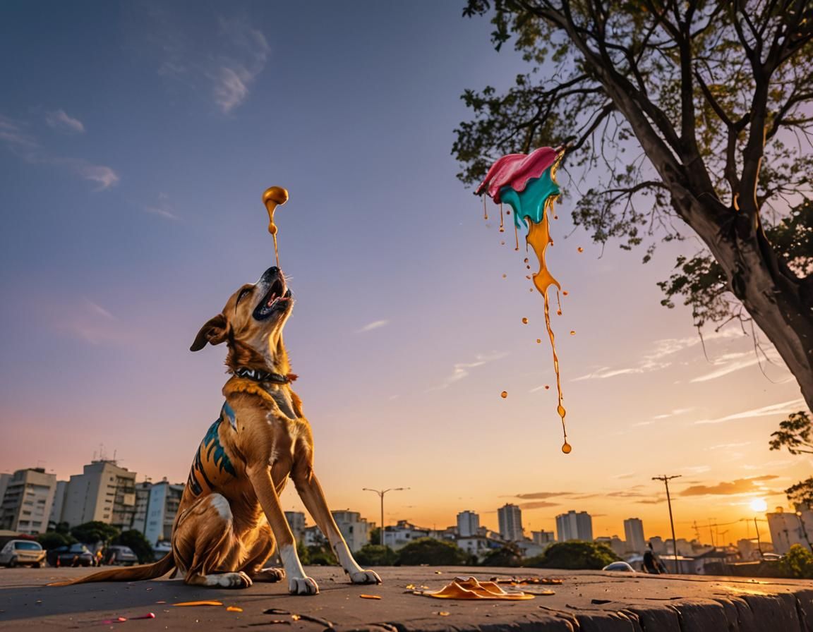 Brazilian Street Dog Licking Caramel in Street Art Style
