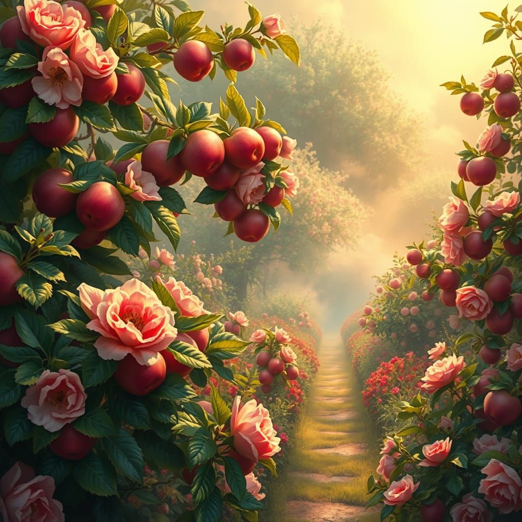 Enchanted Apple Garden in Matte Painting Style