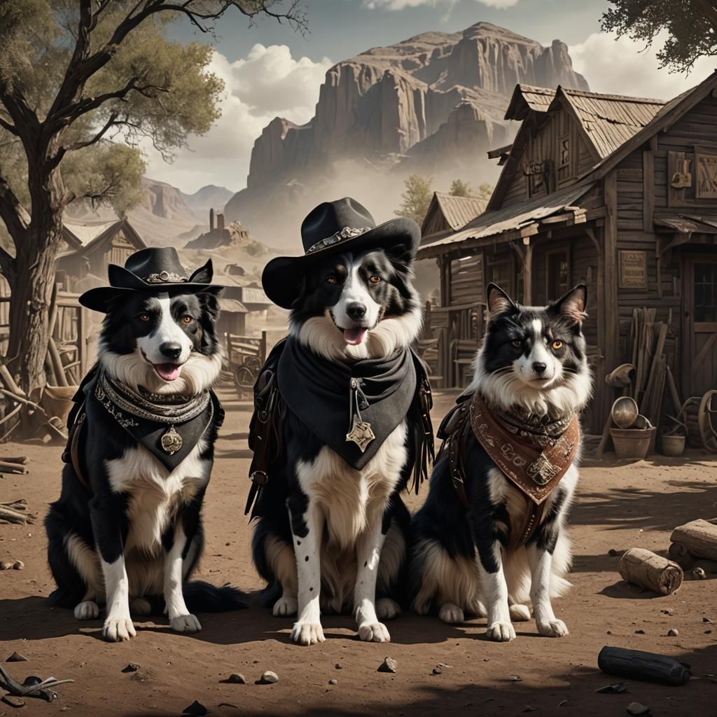 Cowboy Cats Ride Dogs in Western Scene