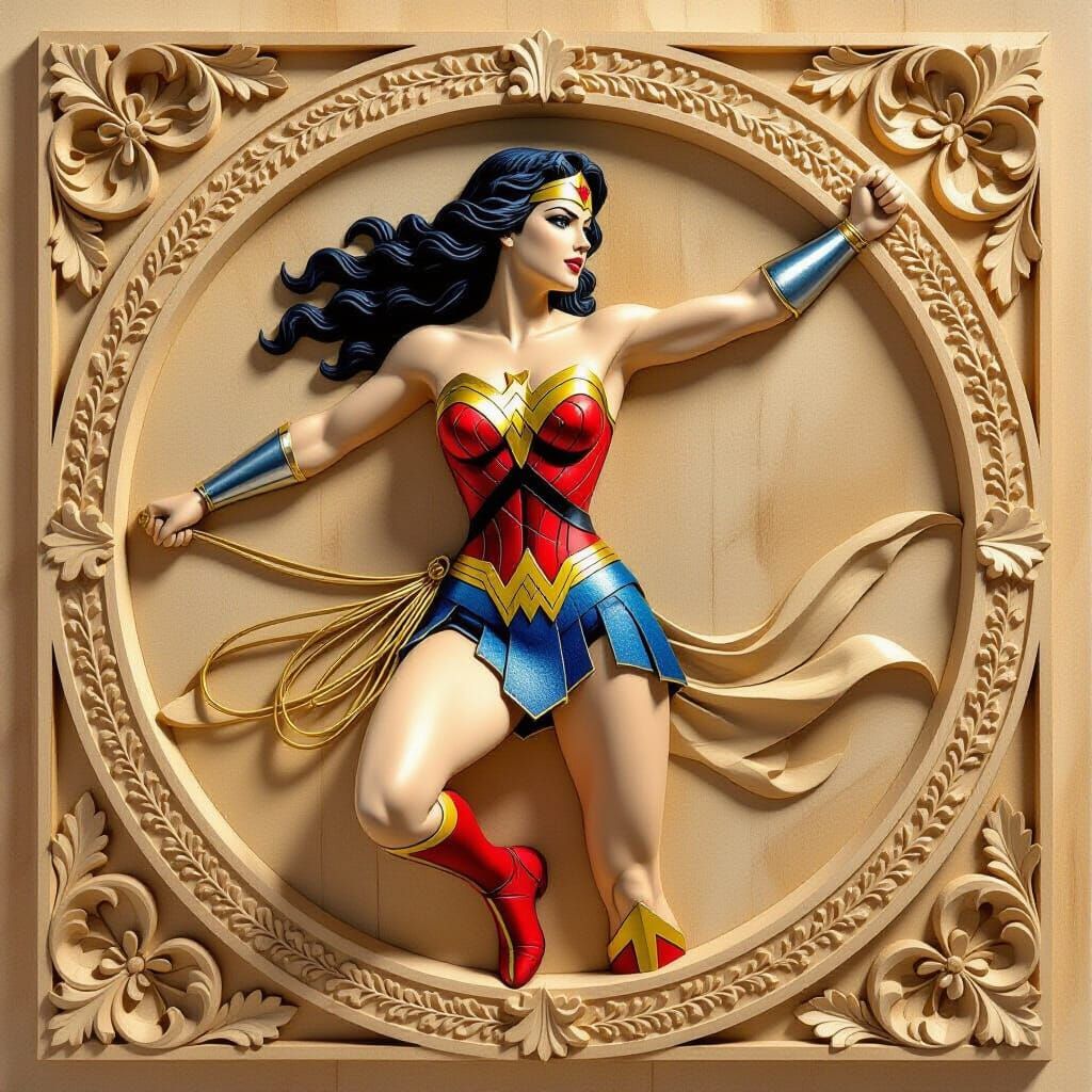 Wonder Woman Bas Relief Wood Carving