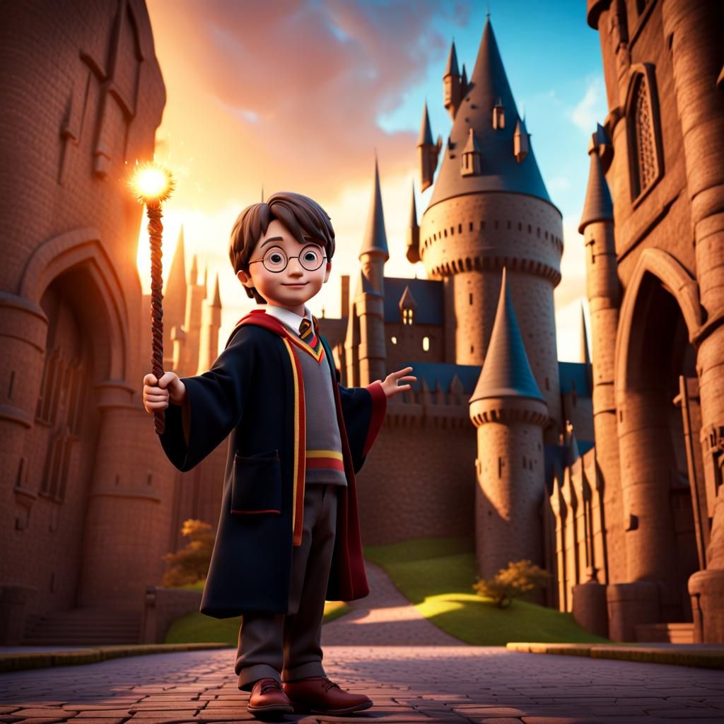 Smiling Harry Potter at Hogwarts: 3D Digital Art