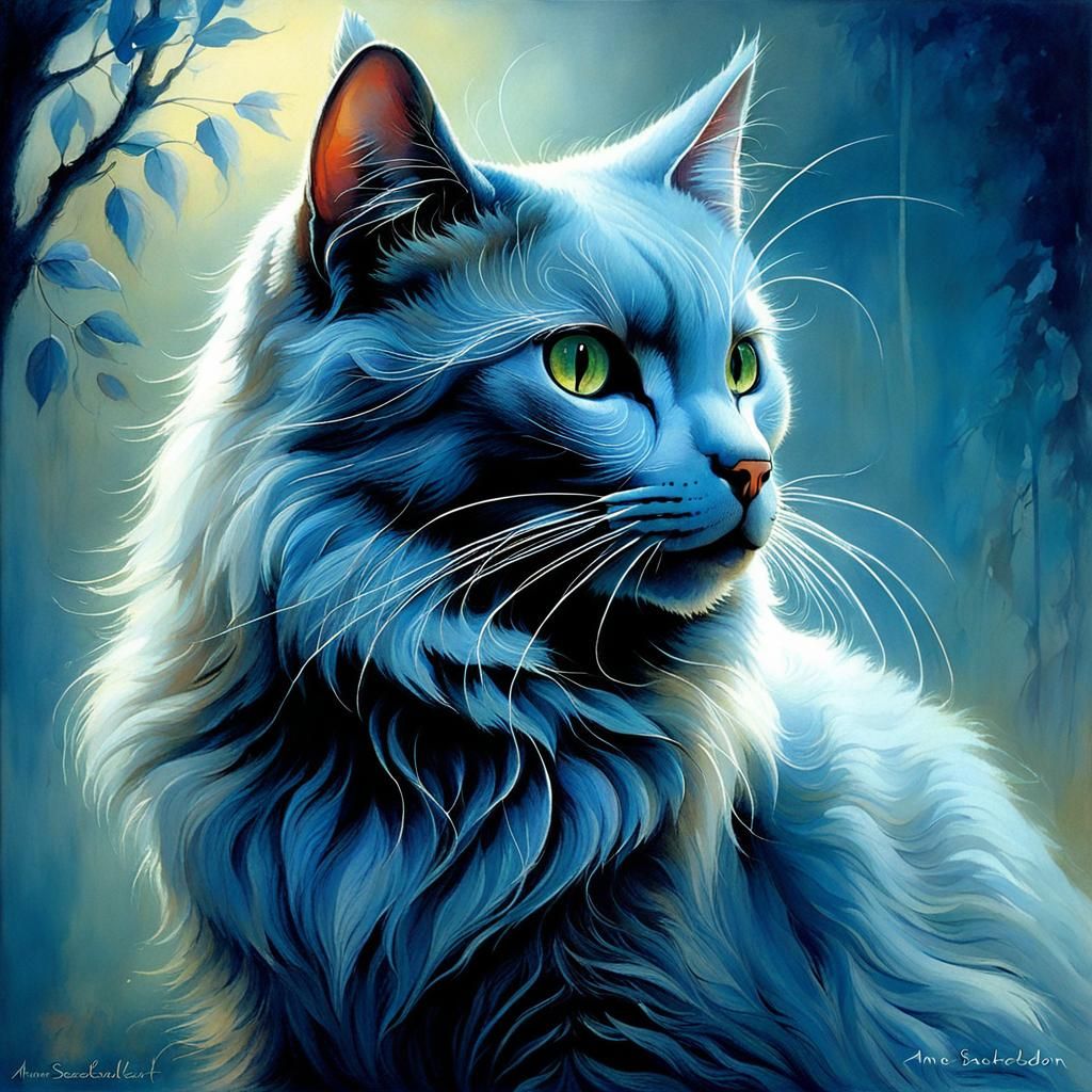 Russian blue cat under the blue evening light