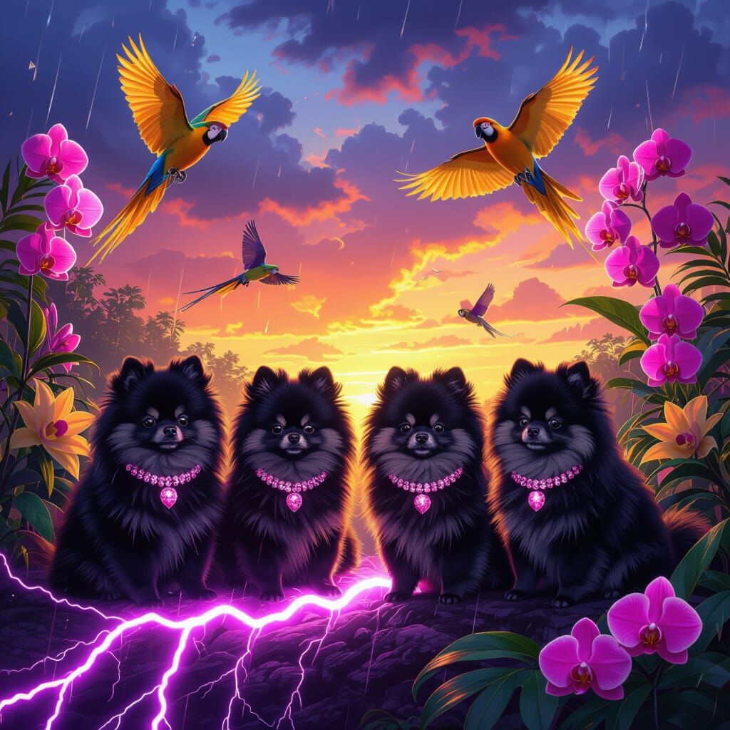 Black Pomeranians on Purple Lightning Amidst Jungle Storm