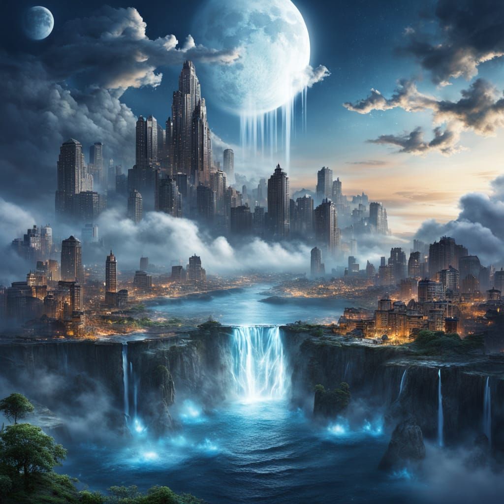 Ethereal Sky Waterfalls Over Floating City Landscape