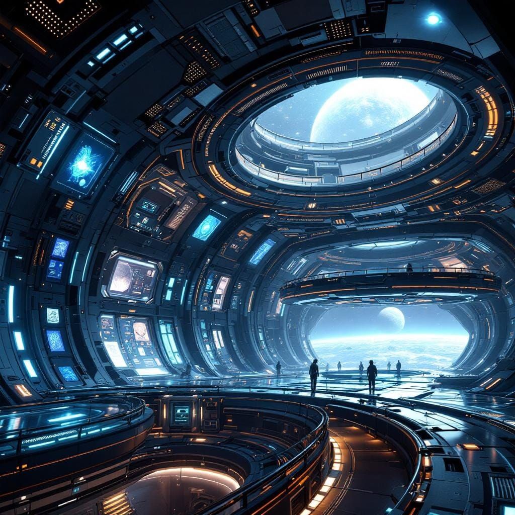Futuristic Space Station with Holographic Panels