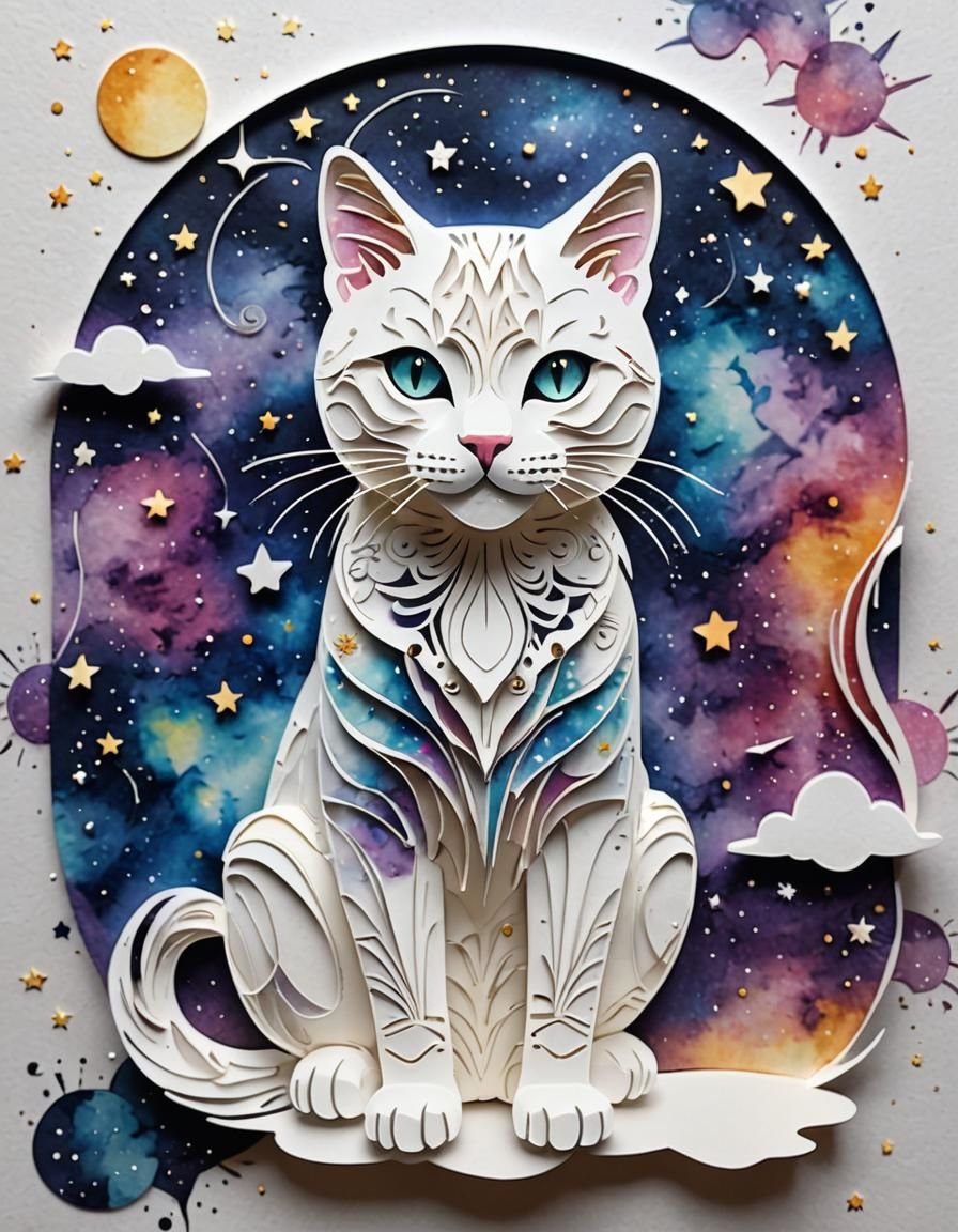 Galactic Watercolor Cat in Kirigami Style