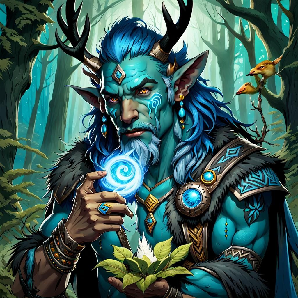 Azure Firbolg Druid Heals Bird with Green Aura