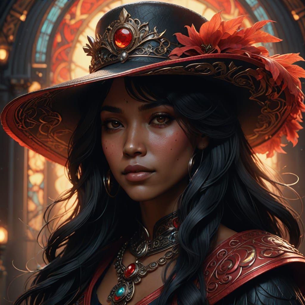 Vibrant Art Nouveau-Inspired Portrait of a Woman in a Red Ha...