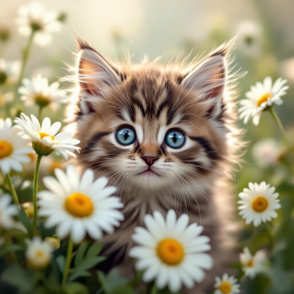 Adorable Kitten Peeking From Daisy Bouquet