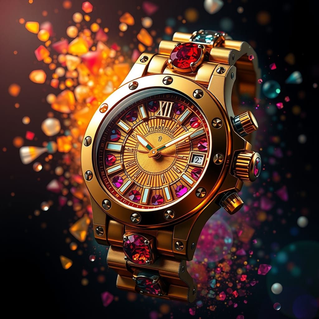 Steampunk Gold Watch with Gemstones in Splash Art