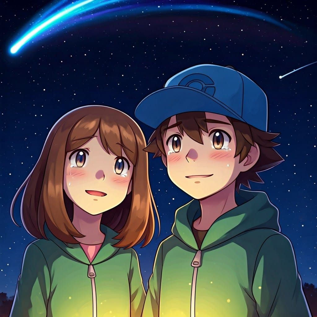 Siblings' Joyful Wish Under Starry Ghibli Sky